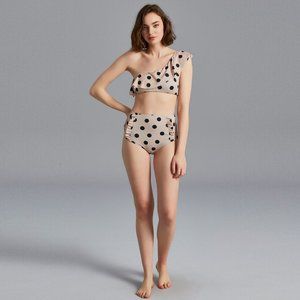 BEIGE POLKA HIGH RUFFLE BIKINI BOTTOM